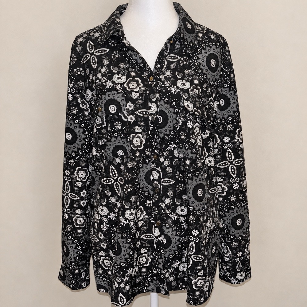 Notations Black White Bandana Floral Button Down Shirt XL MSTB0959